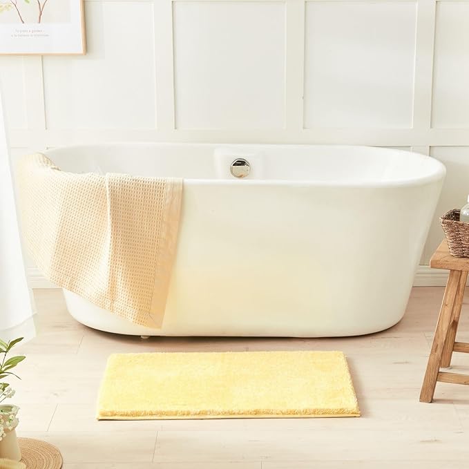 Douceur Sparkle Bath Mats for Bathroom Non Slip 32" X 20", Super Soft Microfiber Yellow Bathroom Rugs Washable, Fluffy Absorbent Bath Rugs, Quick Dry Shower Mat Gifts, Yellow and White
