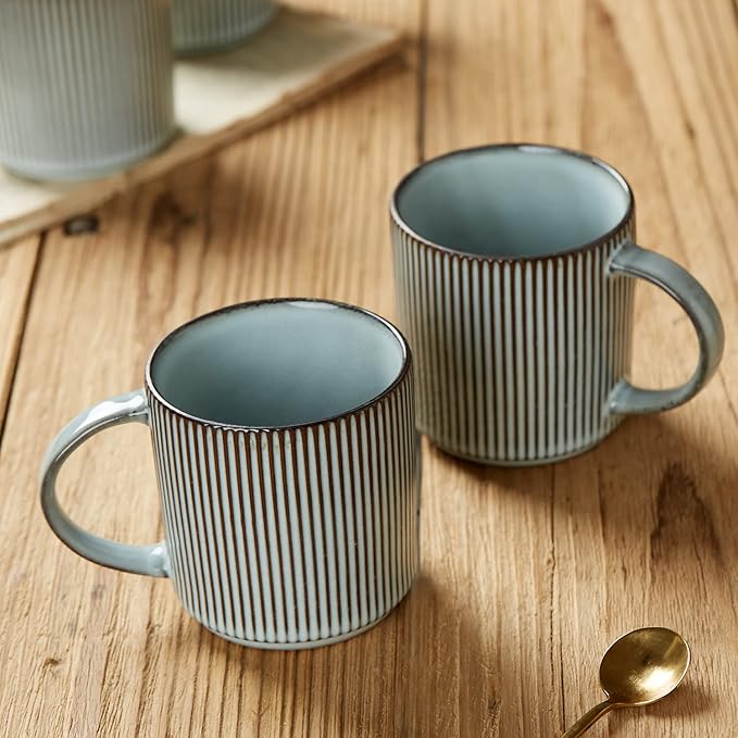 famiware Coffee Mug Set for 4, Star 12 oz Catering Mugs Cup Set with Handle for Coffee, Tea, Cocoa, Milk - Ceramic Stoneware Drinkware Set, Smoky Blue