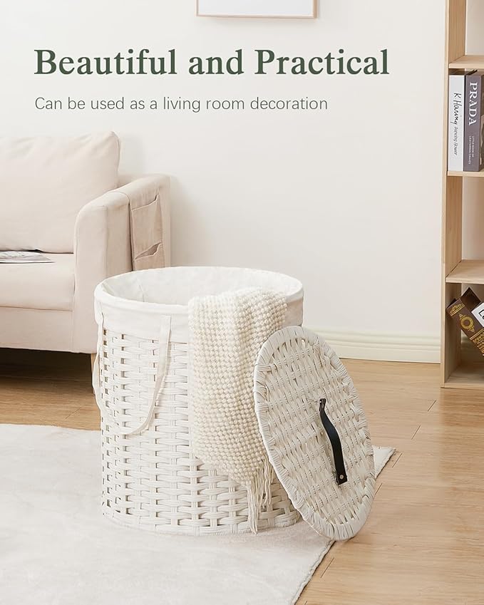 Laundry Hamper with Lid Wicker Laundry Hamper Round 26.5 Gal (100 L) Laundry Basket Handwoven Rattan Laundry Basket with Removable Bag Handles 2 Mesh Bags for Living Room Bedroom White