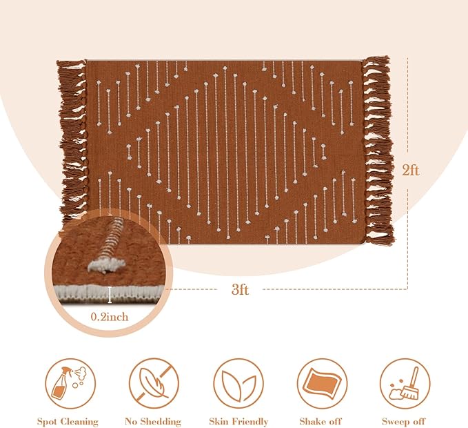 LIVEBOX Boho Bathroom Rug 2' x 3' Washable Burnt Orange Small Moroccan Throw Rug for Bath,Cotton Woven Area Rug Carpet with Tassel for Entryway Kitchen Sink Front Door Fall Bathroom Decor