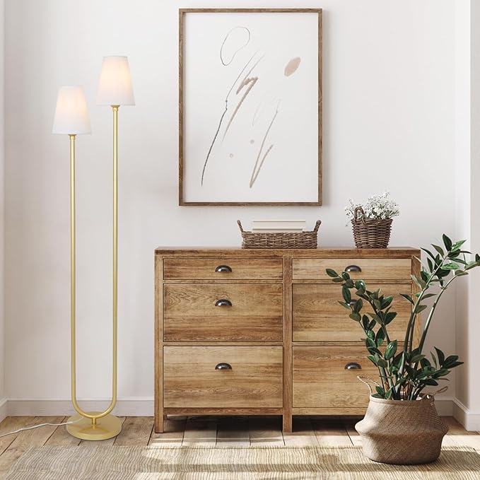 HMVPL Gold Floor Lamps for Living Room, Brass Corner Floor Lamp with Fabric Lampshade, Mid Century Standing Lamp with On/Off Foot Switch, Modern Tall Lamp for Living Room Bedroom Nursery Office(66")