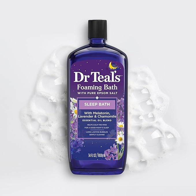 Dr Teal's Foaming Bath with Pure Epsom Salt, Sleep Blend with Melatonin, Lavender & Chamomile Essential Oils, 34 fl oz (Pack of 4)