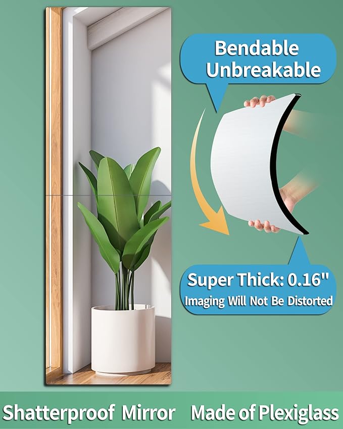 Shatterproof Full Length Mirror Wall Mounted Frameless,Made of Acrylic Plexiglass,Unbreakable Thick: 0.16'', 48''x14'',Workout Gym Mirrors for Home Gym, Silver, 2 Pack,24''x14''x0.16''