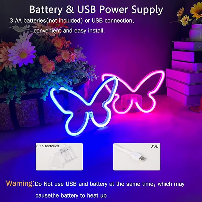 2 Butterfly Neon Signs, LED Night Lights for Bedroom & Kids Room Decor, USB/Battery Powered for Wedding, Birthday Parties & Art Decorations