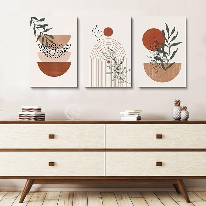 Boho Wall Art - Mid Century Modern Set of 3 Abstract Geometric Prints, Black Beige Terracotta, Framed Canvas Artwork for Living Room, Bathroom, Bedroom Decor