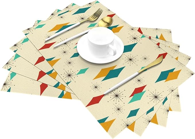 Mid Century Modern Placemats Set of 4 Retro Decor Table Mats for Kitchen Dining Table Holiday Party Heat Resistant Washable Farmhouse Yellow Place Mats, Linen 12x18 Inch