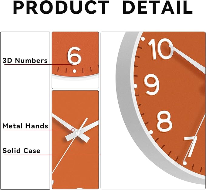 Wall Clock, Silent Wall Clocks Battery Operated 8 Inch-Modern Non Ticking Analog Clock Decorative for Kitchen Office Bathroom Bedroom(Orange)