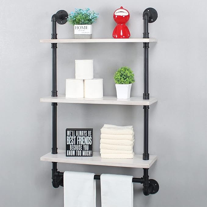 Industrial Pipe Shelving,Iron Pipe Shelves Industrial Bathroom Shelves with Towel bar,24in Rustic Metal Pipe Floating Shelves Pipe Wall Shelf,3 Tier Industrial Shelf Wall Mounted,Black & White