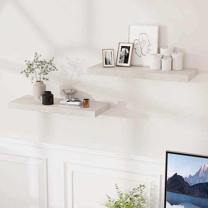 Fun Memories 24W x 9.3D Floating Shelves, 9.3" Deep Wall Shelves Set of 2, Farmhouse Rustic Wood Shelf 24 Inch Long, Large Display & Storage Shelves for Book, Living Room, Bathroom, Kitchen - Brich