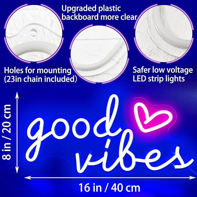 Blue Good Vibes Neon Signs for Wall Decor, Room Decor Aesthetic Good Vibes Neon Light Blue, USB Good Vibes LED Sign for Bedroom, Pink Heart & Good Vibes Light up Sign for Teen Boys Men Cave