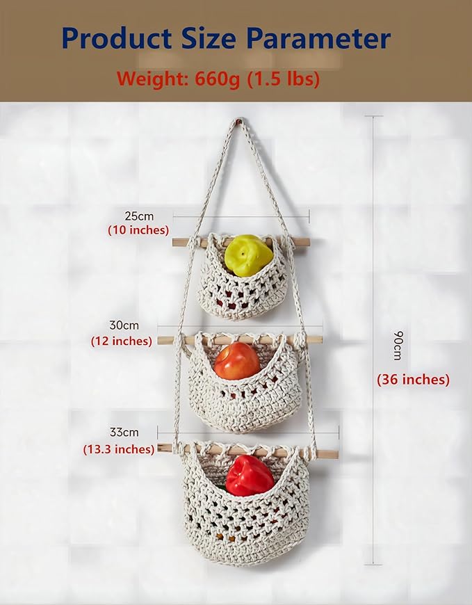 Hanging Fruit Basket, 3 Tier Cotton Macrame Produce Basket for Kitchen, Indoor Planter Hangers.