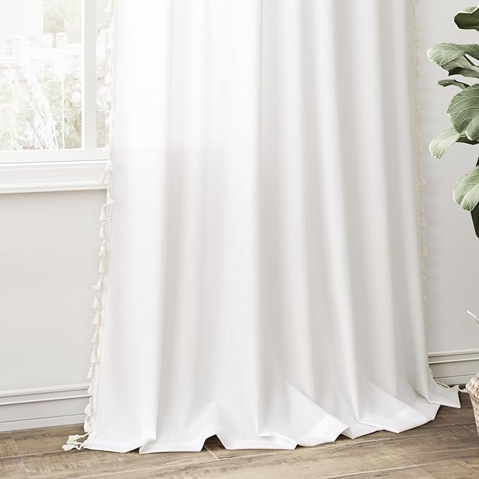 Natural Ivory Linen Curtains 120 Inches Long 2 Panels Boho Farmhouse Semi Sheer Curtains Tassels Back Tab Top Neutral Textured Off White Light Filtering Chic Drapes for Living Room Bedroom 52x120