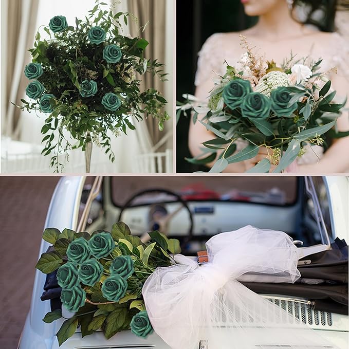 Artificial Flowers Roses Real Looking Foam Fake Roses with Leaves and for DIY Wedding Bouquets Bridal Shower Centerpieces Party Decorations (Peacock Green, 100)