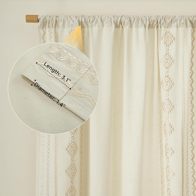ColorBird Boho Curtains Embroidered Light Filtering Rod Pockets Farmhouse Western Beige Curtain 63 inch Length 2 Panels Set Drapes for Living Room Bedroom