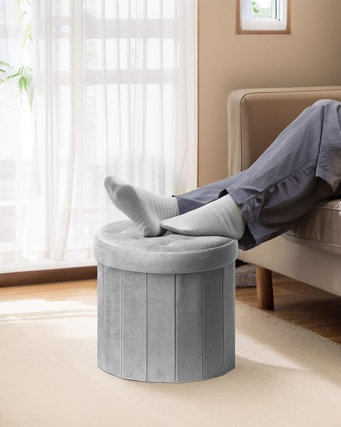 Bsketa® Folding Storage Ottoman Round 14" x 14" x 13"Inch Foot Stool with Thicker Foam Padded Seat Small Velvet Storage Ottoman Bench Foot Rest for Living Room Foldable Coffee Table(Grey)
