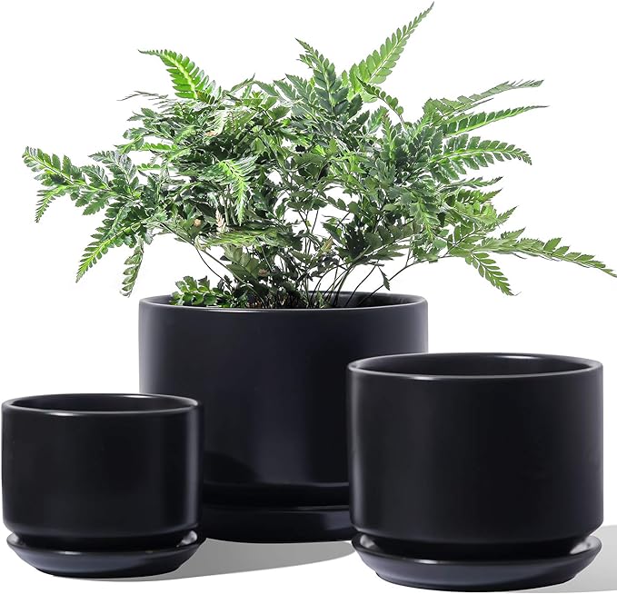LE TAUCI Ceramic Plant Pots, 4.3+5.3+6.8 inch, Set of 3, Planters with Drainage Hole and Saucer, Indoor Flower Pot with Hole Mesh Pad, Gifts for Mom, Black