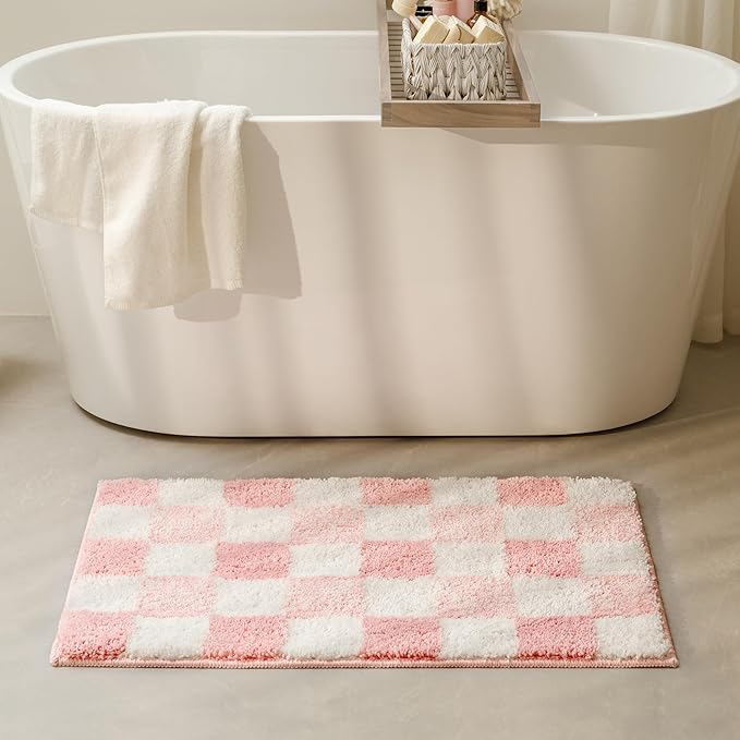 GRANNY SAYS Checkered Pink Bathroom Rugs,32" x 20",Fluffy Rug, Absorbent Microfiber Ultra Soft Bath Mat Washable, Non-Slip Bath Mats for Bathroom, Cute Floor Mat for Tub, Shower, Bedroom