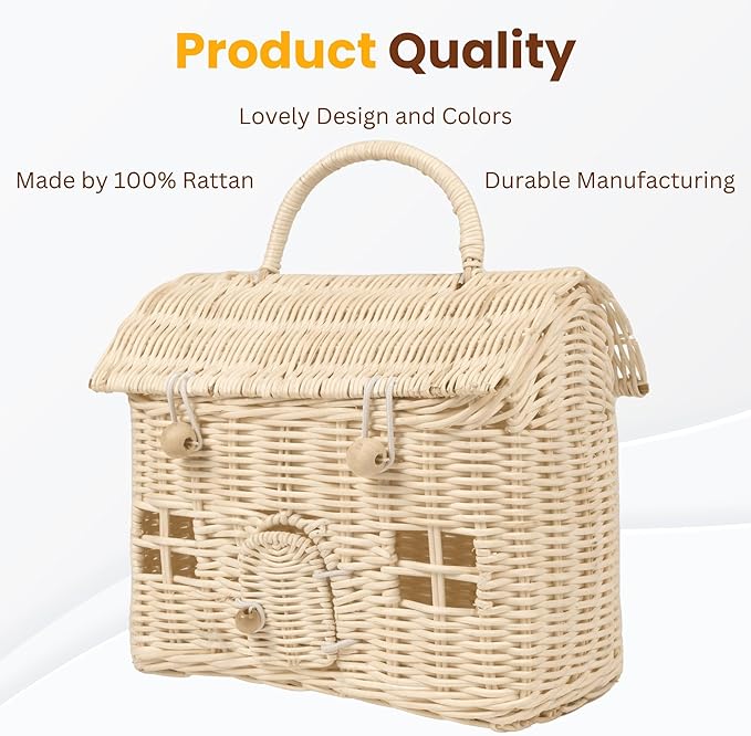 KOLWOVEN Rattan Storage Basket with Lid - Mouse in a Box - Small Doll House - Decorative Hand Woven Shelf Organizer - Cute Handmade Handcrafted Gift Decoration Artwork - Wicker (Natural)