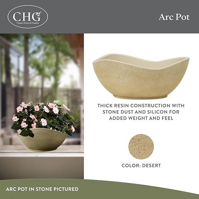 Classic Home and Garden Arc Unique Planter Bowl w/Drain Plug - UV Resistant Shallow Planter - Modern Plant Pot for Herbs (12” Desert)