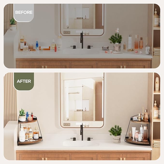 Puricon Bathroom Counter Organizer, 2 Tier Corner Countertop Storage Shelf Bathroom Sink Organizer, Wood Triangle Bathroom Organization for Skincare Kitchen Vanitity -Brown, 2 Pack