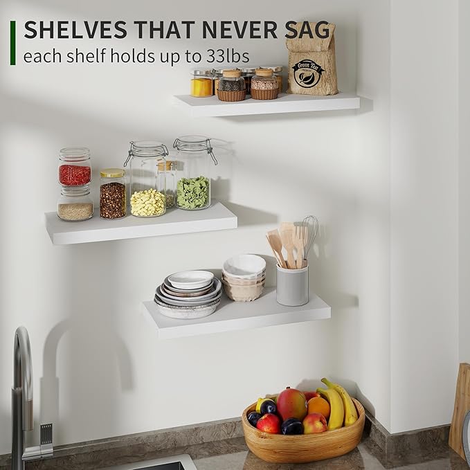 Marsmiles Wood Floating Shelves for Wall Set of 3, 17 Inch Wide Rustic Wooden Floating Shelves, Invisible Wall Mounted Display for Living Room Bedroom Kitchen Bathroom Office, White