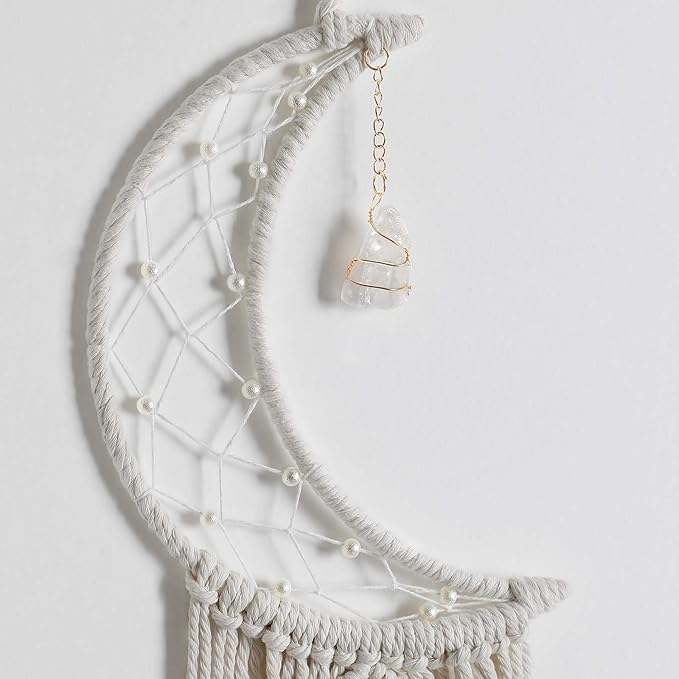 Dremisland Macrame Woven Wall Hanging Moon Dream Catcher with Natural Crystal Stone- Boho Chic Bohemian Home Decor Wall Art Decor with String Lights - Beautiful Apartment Dorm Room Door Decoration