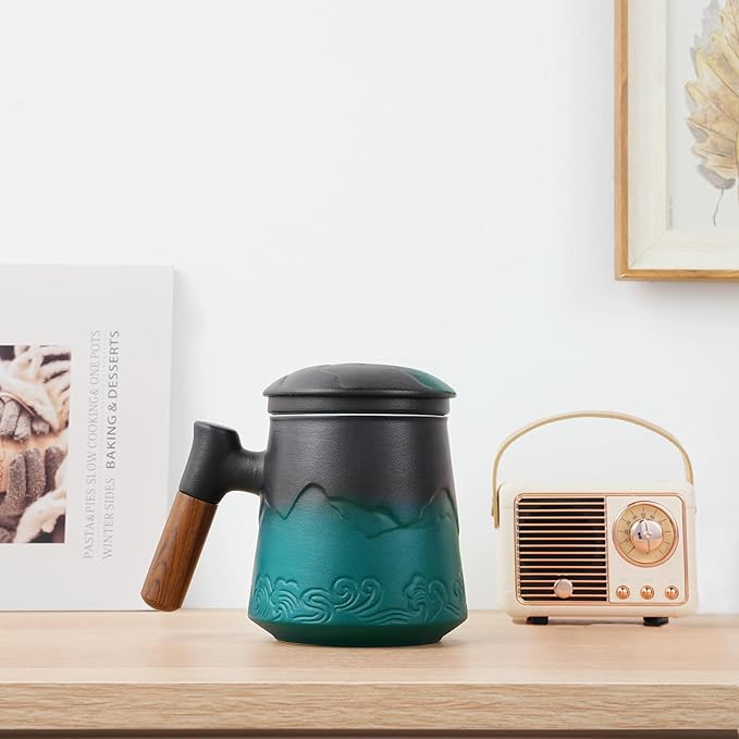 ZENS Tea Cup With Infuser and Lid for Loose Leaf Steeper, 15.2 oz Embossed Ceramic Mug With Fine Strainers, Wood Handle Large Diffusers, Accessories for Tea Lovers Gifts