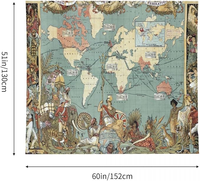 World Map Tapestry Wall Hanging for Kids Student 60 x 51Inch, World Map with Countries and Major Cities Tapestry Educational Wall Decorative Cloth for Bedroom Living Room Dorm Home Decoration