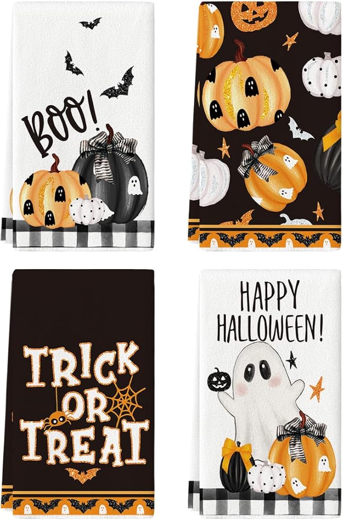Artoid Mode Black Pumpkins Ghost Boo Happy Halloween Kitchen Towels Dish Towels, 18x26 Inch Trick Or Treat Decoration Hand Towels Set of 4
