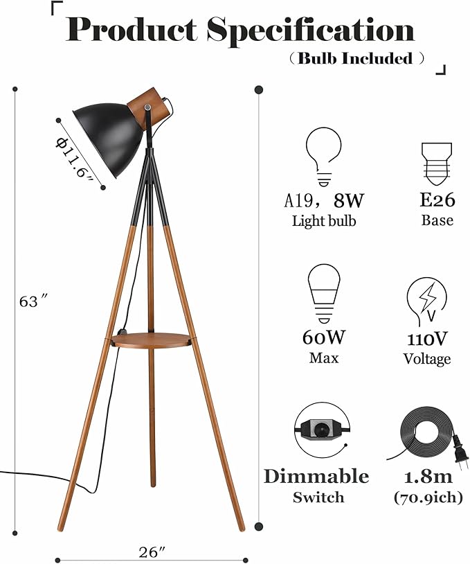 ELYONA Dimmable Tripod Floor Lamp with Table, Wood Standing Lamp with Adjustable Metal Shade, Modern End Table with Reading Light for Livingroom, Bedroom, Office, LED Bulb Included, Black & Brown