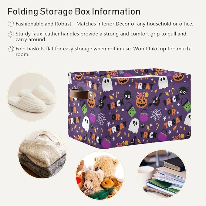 Happy Halloween Purple Storage Basket Fabric Kitchen Baskets Pumpkin Skull Ghost Bat Trick or Treat Open Home Storage Bins Boxes Foldable for Candy Toy Decorations Baskets 16×12×8 Inches