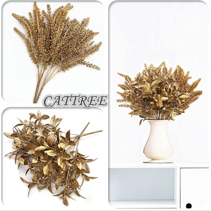 CATTREE Artificial Gold Plants, Plastic Leaves Golden 4 Pack, Fake Grass Faux Shrubs Bushes for Home Indoor Outdoor Garden Leaf Wedding Christmas Festival Decoration Hall Table Planter Filler