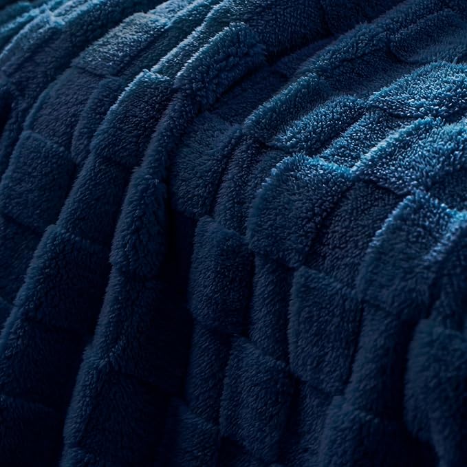 Exclusivo Mezcla Queen Size Flannel Fleece Blanket, Super Soft and Warm Lightweight Checkered Pattern Blankets for All Seasons, 90x90 Inches, Navy Blue