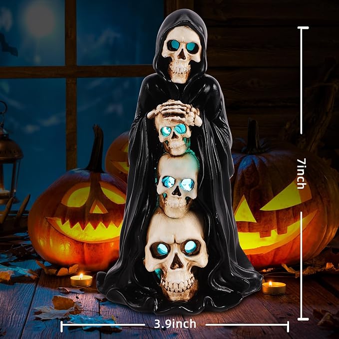 Grim Reaper Skull Halloween Decor - Solar - Powered Resin Statue, Unique Skeleton Head & Skulls Garden Decor, Ideal Spooky Gift