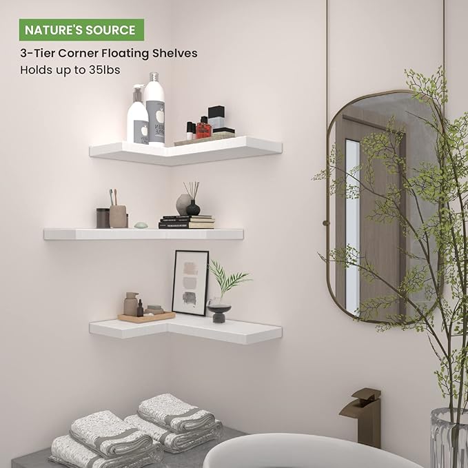 NATURE'S SOURCE Corner Floating Shelves with Invisible Brackets, Corner Shelves Wall Mounted Set of 3, Bedroom Bathroom Kitchen Living Room Office- Modern Style 17" x 6" (White)