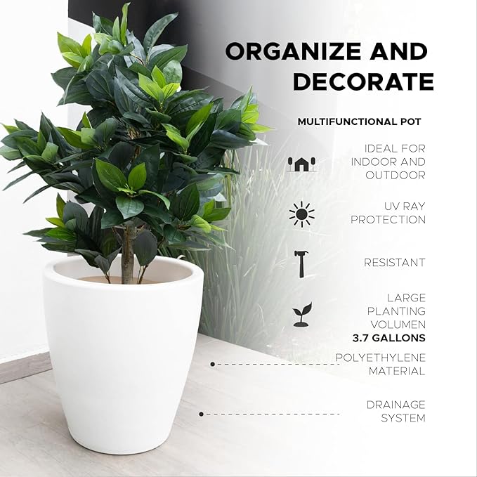 Elly Décor 23 inch Planter for Garden with Drainage, Large Round, Lightweight & Extremely Durable, Deck Indoor/Outdoor Plastic Pot, 23.6" x 21.6"x14, White
