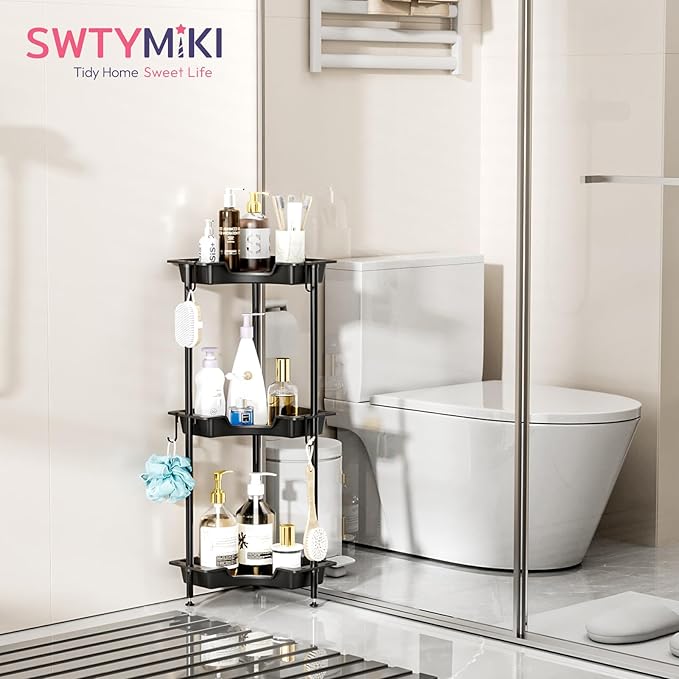 SWTYMIKI Corner Shower Caddy Standing - 3 Tier Rust Proof Floor Standing Shower Organizer with 4 Hooks, Waterproof Corner Stand Shower Shelf Storage Rack for Bathroom, Bathtub, Black