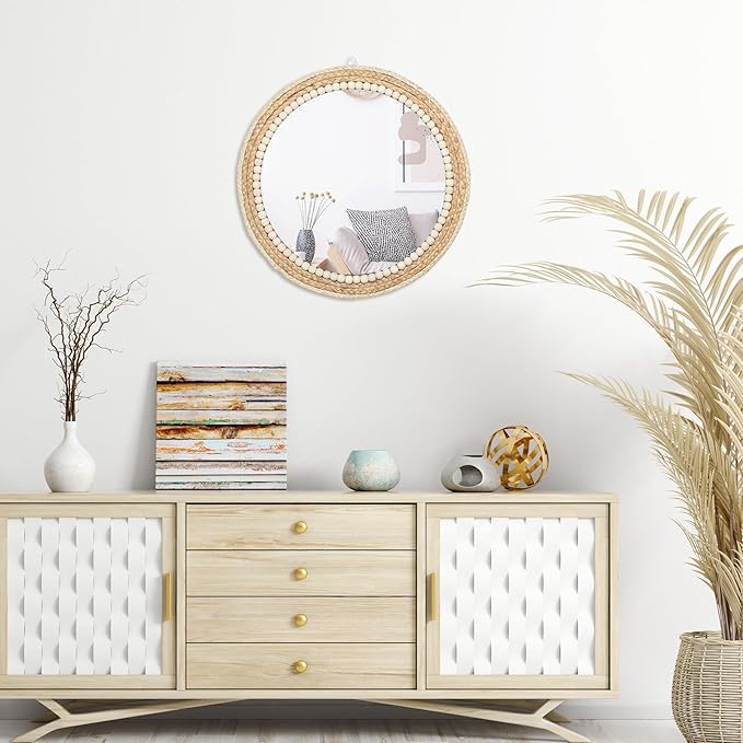 SWTHONY 18 Inch Boho Round Hanging Wall Mirror Decorative Rattan Circle Mirrors for Farmhouse, Living Room, Bedroom
