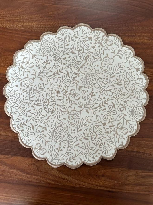 Ridhi Taupe Color Bo-ho Round Place Mat Double Layer Floral Cotton Washable Placemats 15" Round Embroidery Block Print Table Mat Pack of 4-15 Inch Round