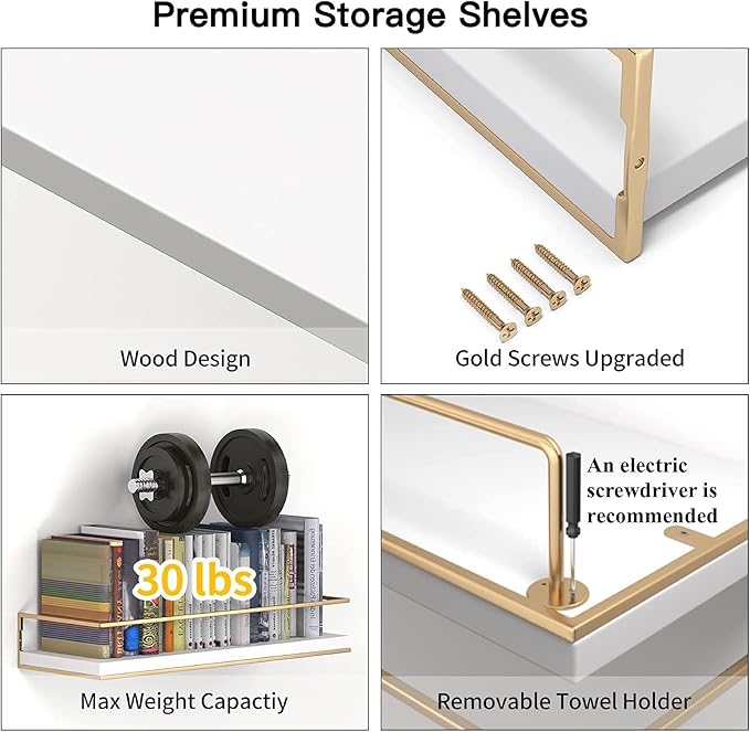 Shario White Floating Shelves - Set of 2, Wall Mounted Hanging Shelves with Golden Towel Rack, Decorative Storage Shelves for Bathroom, Kitchen, Living Room & Bedroom (White)