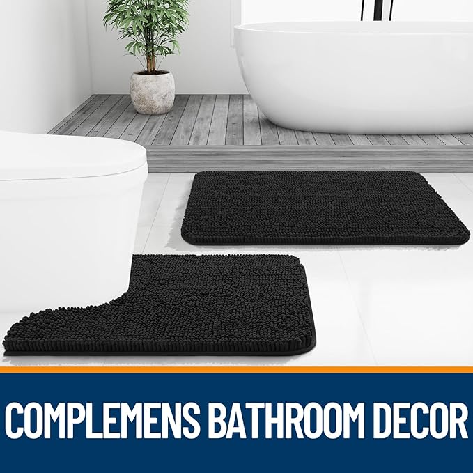 OLANLY Bathroom Rugs 59x24, Extra Soft Absorbent Chenille Bath Rugs, Rubber Backing Quick Dry, Machine Washable Bath Mats for Bathroom Floor, Tub and Shower, Home Decor Accessories, Black