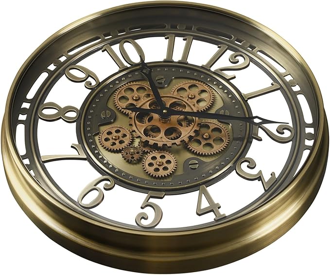CLXEAST 21 Inch Industrial Moving Gears Wall Clock,Modern Farmhouse Arabic Numeral Battery Operated Silent Wall Clock for Living Room Decor,Brushed Gold,House Warming Gifts New Home
