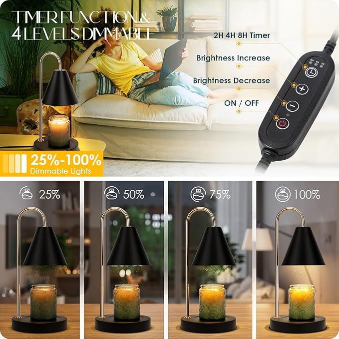 Candle Warmer Lamp with Timer,Electric Candle Warmer with Dimmable Light,Scented Wax Melter,No Smoke,Compatible with Various Jar,with 2 Light Bulbs,Home Decor-Black