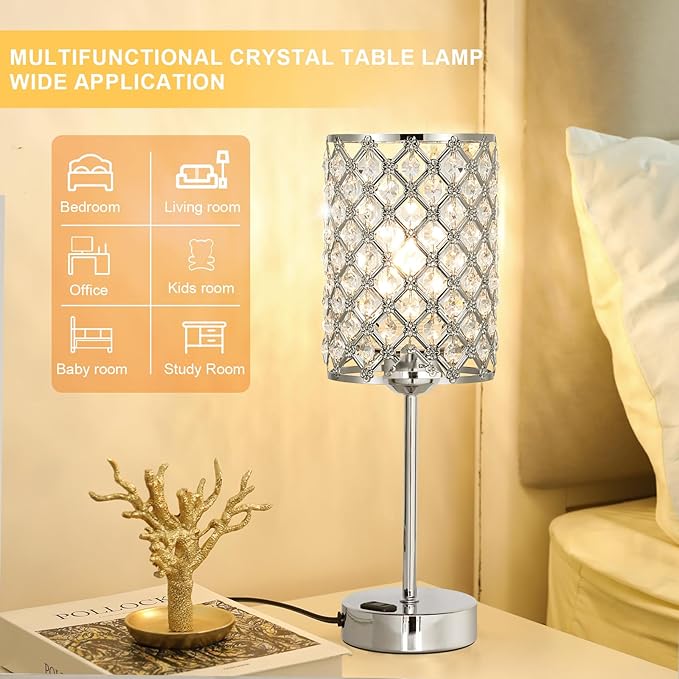 Hong-in Crystal Table Lamp, Crystal Lamp Touch Control with USB-C USB-A Charging Ports & AC Outlets, 3 Way Dimmable Bedside Lamp-Nightstand Lamp Modern Light for Bedroom, Living Room, Bulb Included
