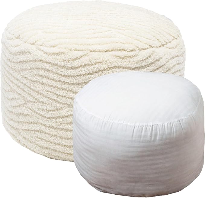 Asuprui Pouf Ottoman Stuffed Modern Foam Ottoman Foot Rest 20x20x12 Inches Floor Pouf Round Pouf Seat Floor Bean Bag Chair Foldable Floor Chair Storage for Living Room Bedroom Ivory Pouf with Filler