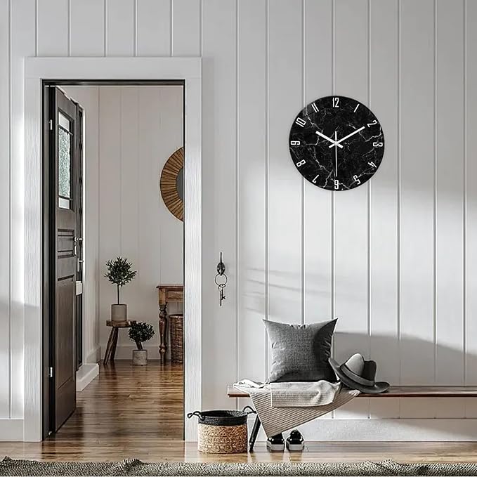 Black Wall Clock for Bedroom Glass Modren Wall Clock Battery Operated 14 Inch Analog Wall Clock Non Ticking