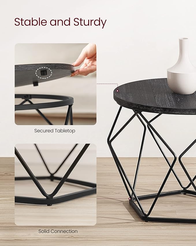 VASAGLE Small Coffee Table Set of 2, Round Coffee Table with Steel Frame, Side End Table for Living Room, Bedroom, Office, Charcoal Gray and Ink Black