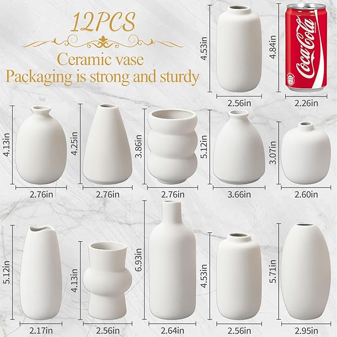 White Ceramic Vase Set of 10, Small Ceramic Flower Vases Bulk Bud Vases for Wedding Table Centerpieces Decor Pampas Grass Modern Boho Home Party Decor DIY Gift