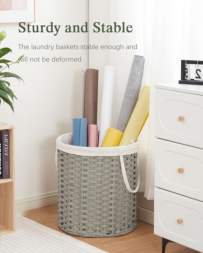 Laundry Hamper Round 26.5 Gal (100L) Handwoven Rattan Laundry Basket, Large Wicker Laundry Hamper with Removable Laundry Bag Handles 2 Mesh Bags for Bathroom Living Room Gray