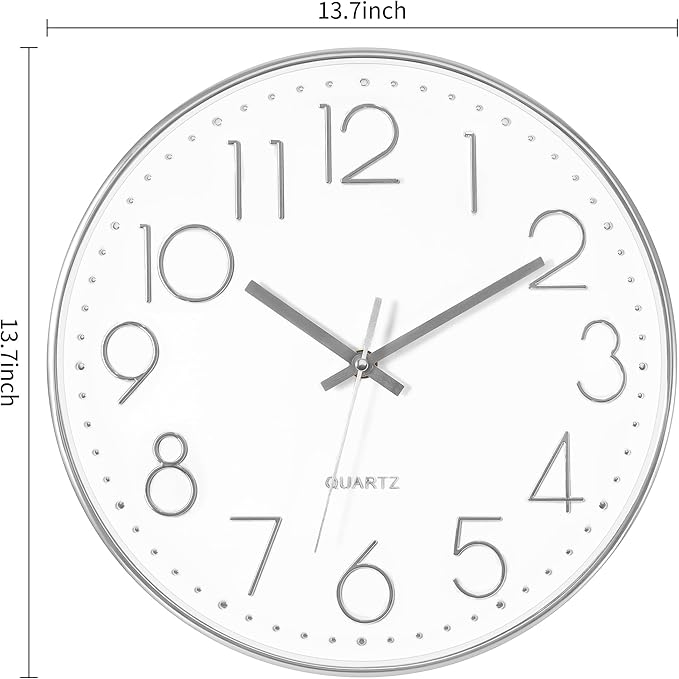 Foxtop 14 Inch Large Silver Wall Clock Silent Non-Ticking Battery Operated Round Quartz Modern Wall Clock Decorative for Living Room Bedroom Kitchen Home Office
